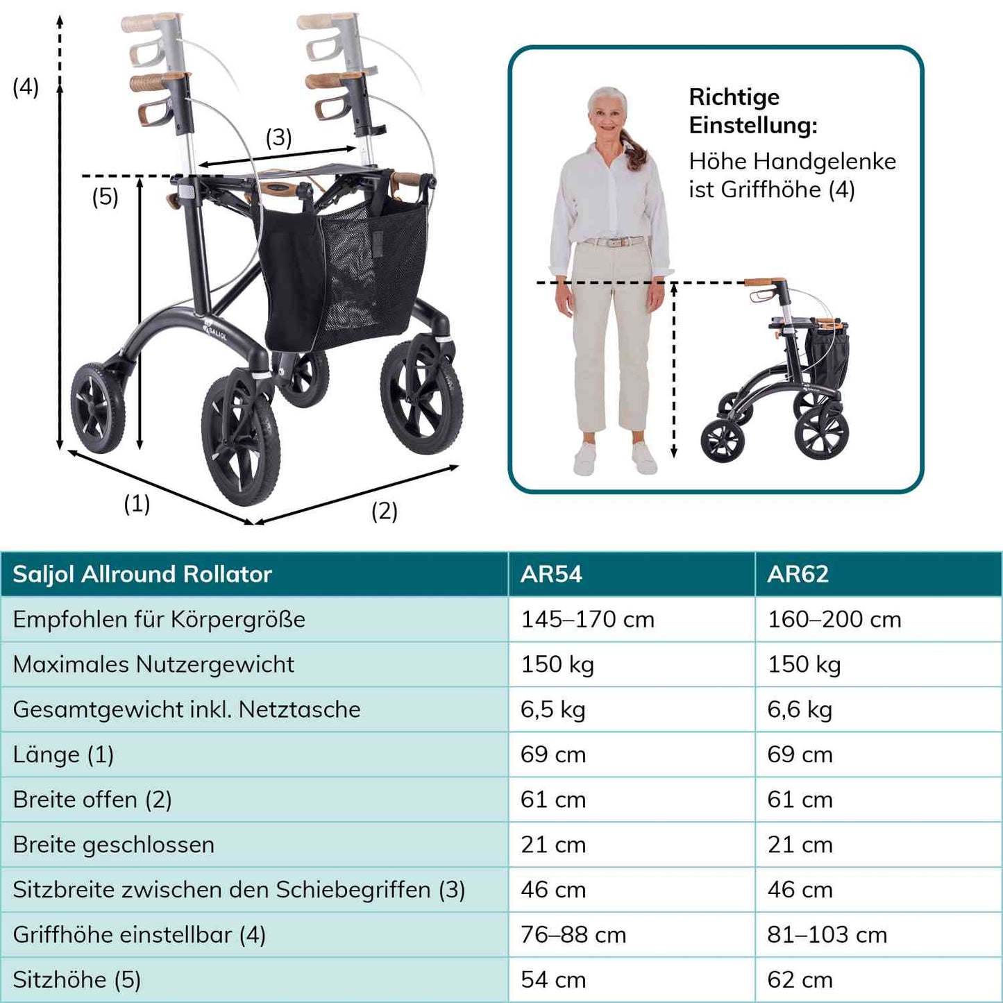 Saljol Allround Rollator AR62 Leichtgewicht mit Vollausstattung - (HMV: 10.50.04.1261) / Sitzhöhe 62 cm