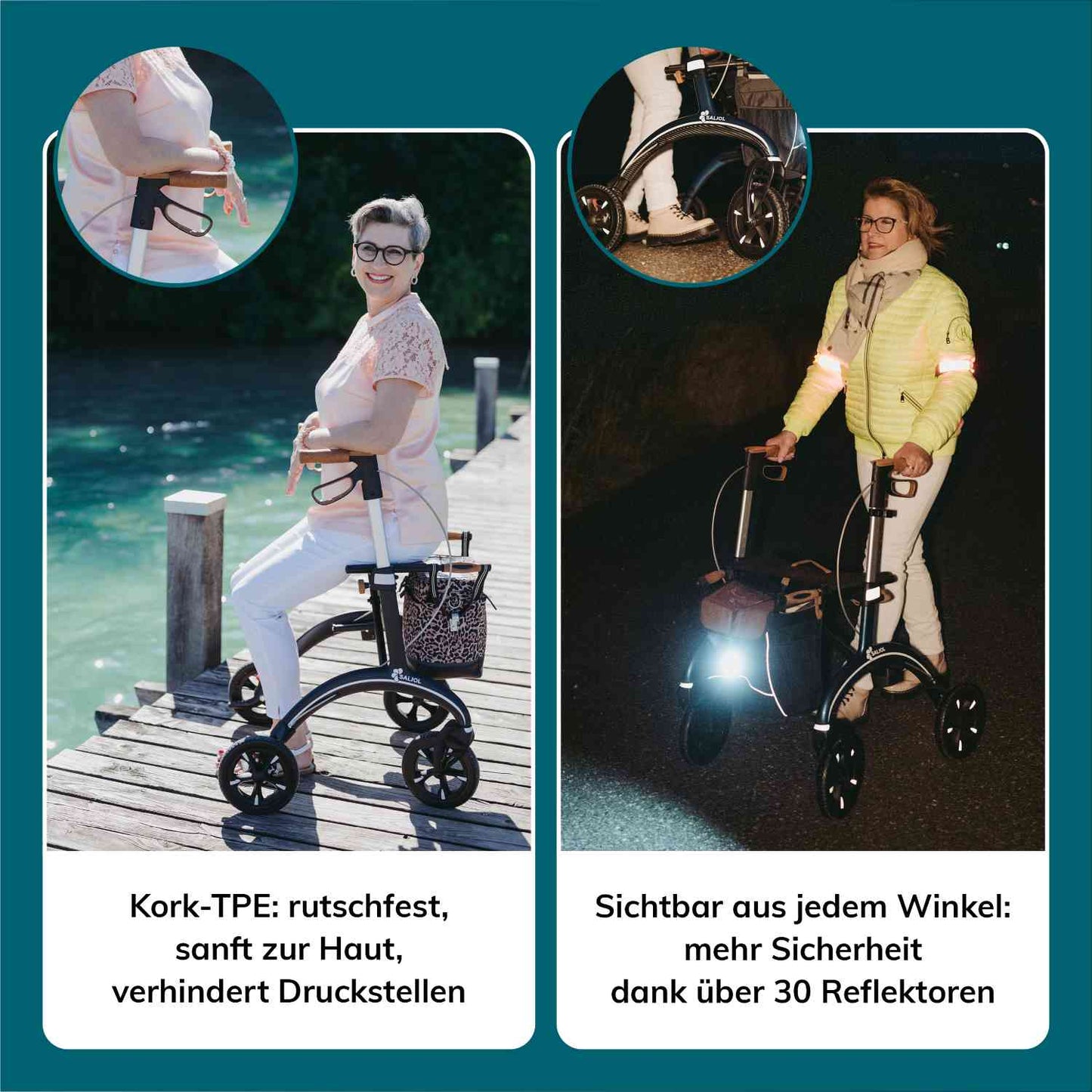 Saljol Carbon Rollator CR62 mit Schleifbremse für sicheres Bergabgehen - Vollausstattung (HMV: 10.50.04.1260) / Sitzhöhe 62 cm