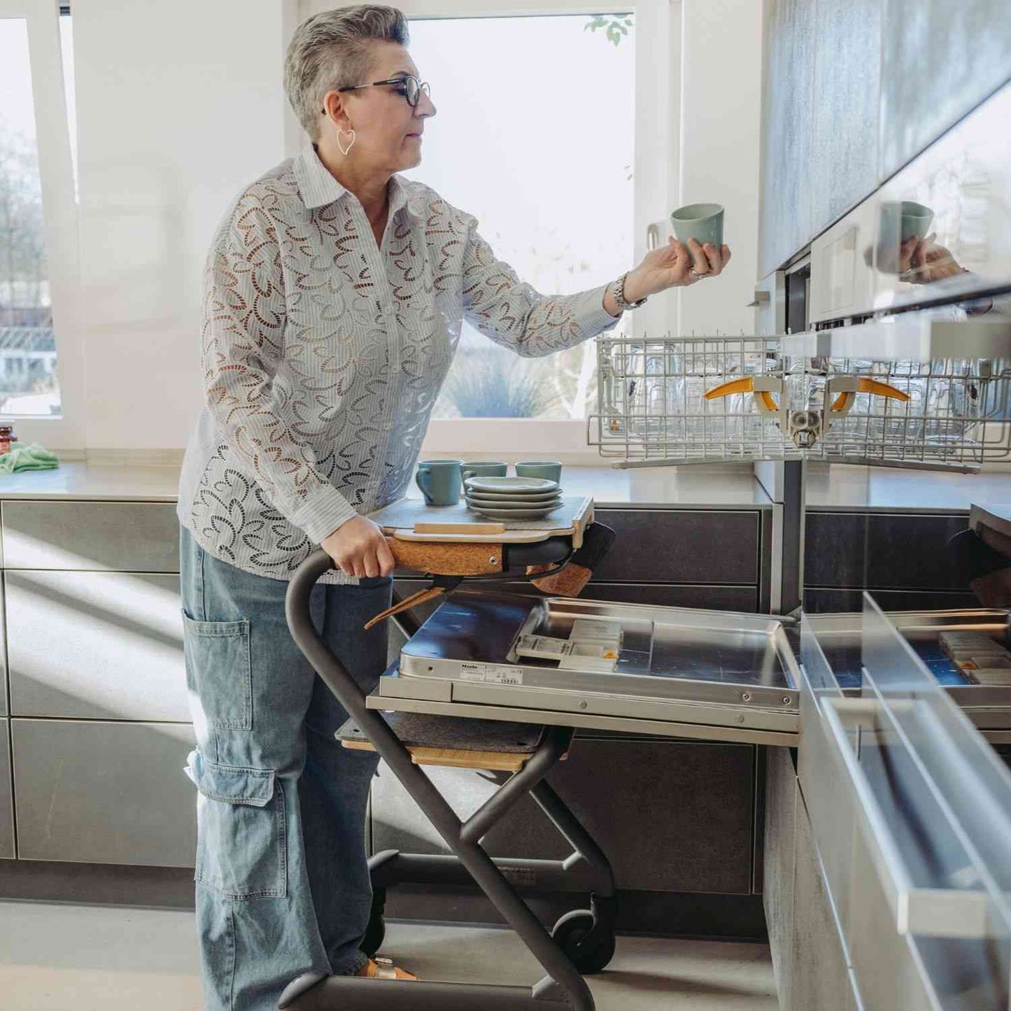 Saljol Wohnraumrollator WR53 mit Sitzfunktion (360°-Drehbar) - Vollausstattung / Sitzhöhe 53 cm