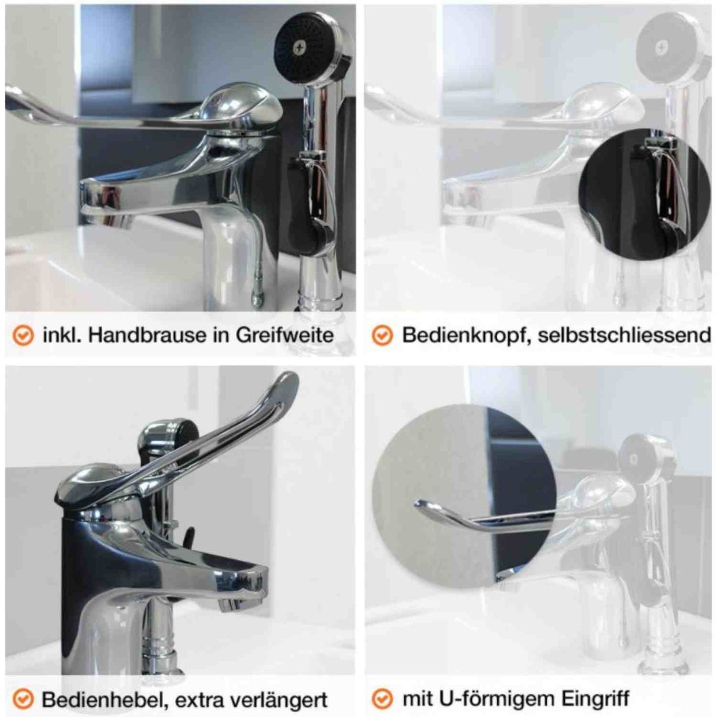 KIBOMED 101 - Armatur mit verlängertem, u-förmigen Bügel-Bedienhebel (MIT Handbrause), seniorengerecht