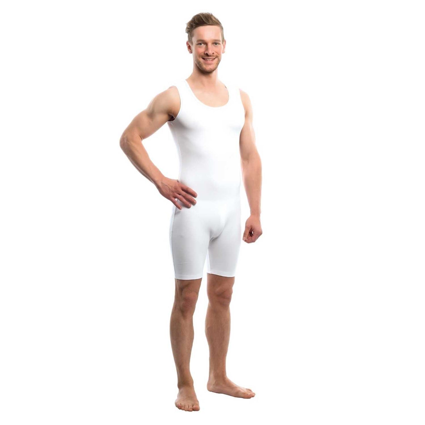 Suprima 4696, Pflegebody BW/Lycra, Armlos, Bein kurz, schräger Rücken-RV - weiß & grau, Gr. S-XXL
