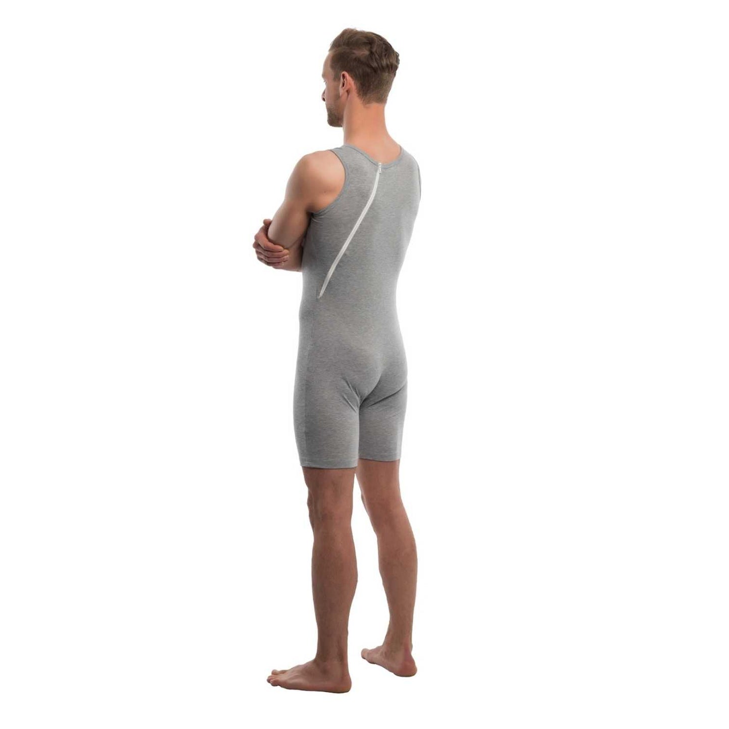 Suprima 4696, Pflegebody BW/Lycra, Armlos, Bein kurz, schräger Rücken-RV - weiß & grau, Gr. S-XXL