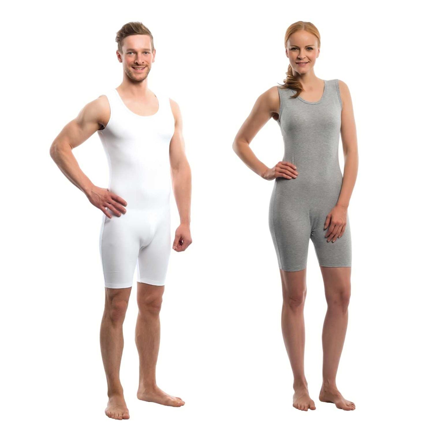 Suprima 4696, Pflegebody BW/Lycra, Armlos, Bein kurz, schräger Rücken-RV - weiß & grau, Gr. S-XXL