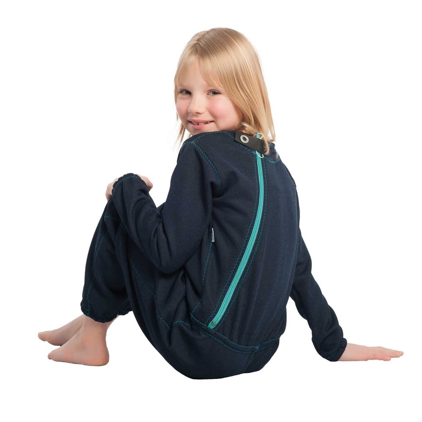 Suprima 4744 020, Pflegeoverall zerreißfest für Kinder, lang, Rücken-RV mit Sicherheitsknopf, marine