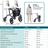 Saljol Allround Rollator AR62 Leichtgewicht mit Vollausstattung - (HMV: 10.50.04.1261) / Sitzhöhe 62 cm