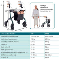 Saljol Carbon Rollator CR62 mit Schleifbremse für sicheres Bergabgehen - Vollausstattung (HMV: 10.50.04.1260) / Sitzhöhe 62 cm