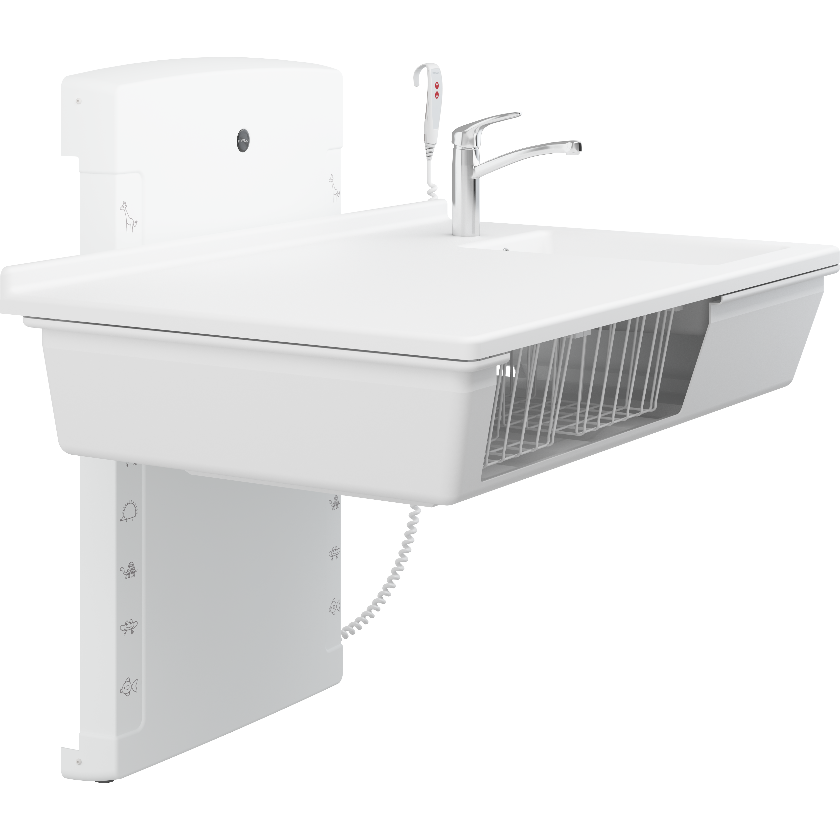 Pressalit Care Wickeltisch R8684000 / R8685000 inkl. Waschbecken & Handbrause, bis Bodennähe!  1.400 oder 1.800 mm, 75 kg Last